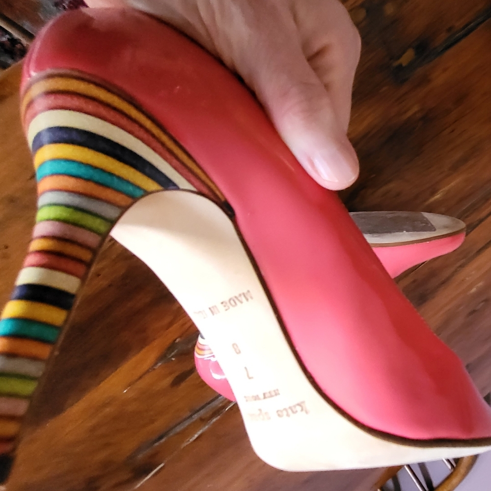 kate spade Pink Coral Leather Pumps with Multicolor Striped Heel